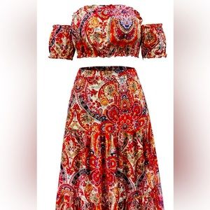 Plus Paisley & Floral Print Off Shoulder Top & Ruffle Hem Skirt